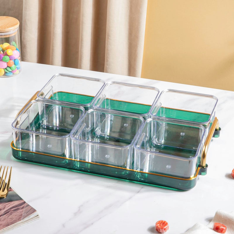 Emerald Charm Tray And Bowl Set Of 7 - Serving bowls, small glass bowls, snack serving bowls, section bowls, fancy serving bowls | Bowls for dining table & home decor