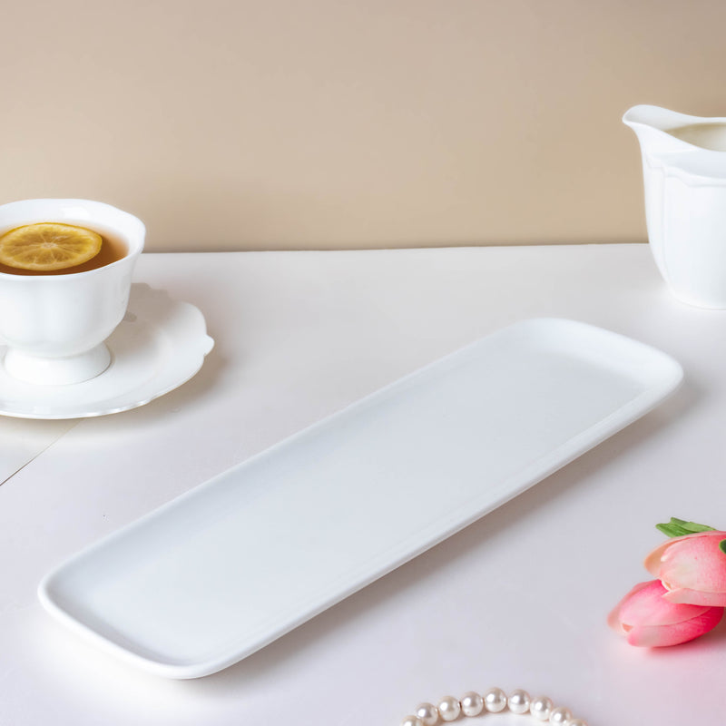 Serena Snowy White Long Platter 14 Inch - Ceramic platter, serving platter, fruit platter | Plates for dining table & home decor