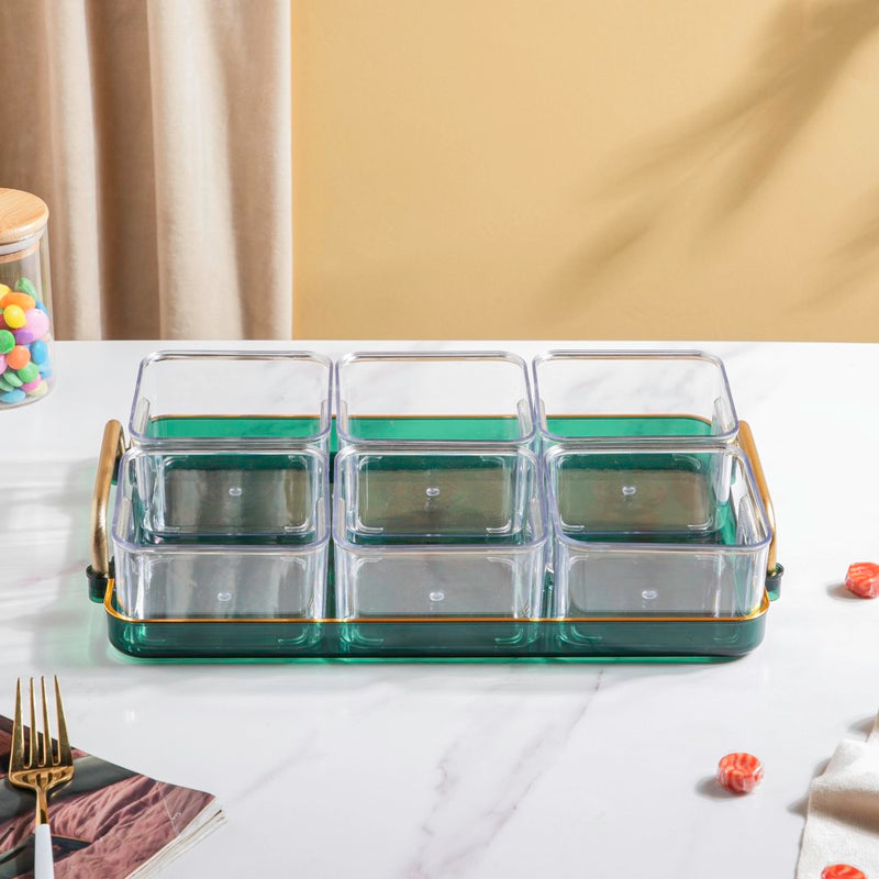 Emerald Charm Tray And Bowl Set Of 7 - Serving bowls, small glass bowls, snack serving bowls, section bowls, fancy serving bowls | Bowls for dining table & home decor