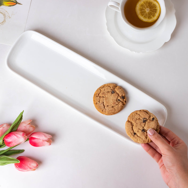 Serena Snowy White Long Platter 14 Inch - Ceramic platter, serving platter, fruit platter | Plates for dining table & home decor