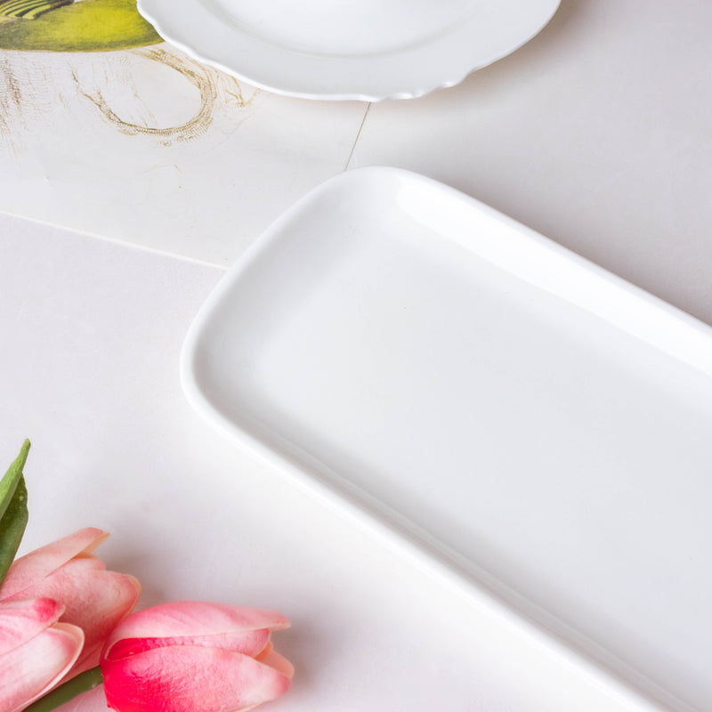 Serena Snowy White Long Platter 14 Inch - Ceramic platter, serving platter, fruit platter | Plates for dining table & home decor