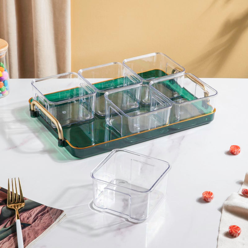 Emerald Charm Tray And Bowl Set Of 7 - Serving bowls, small glass bowls, snack serving bowls, section bowls, fancy serving bowls | Bowls for dining table & home decor