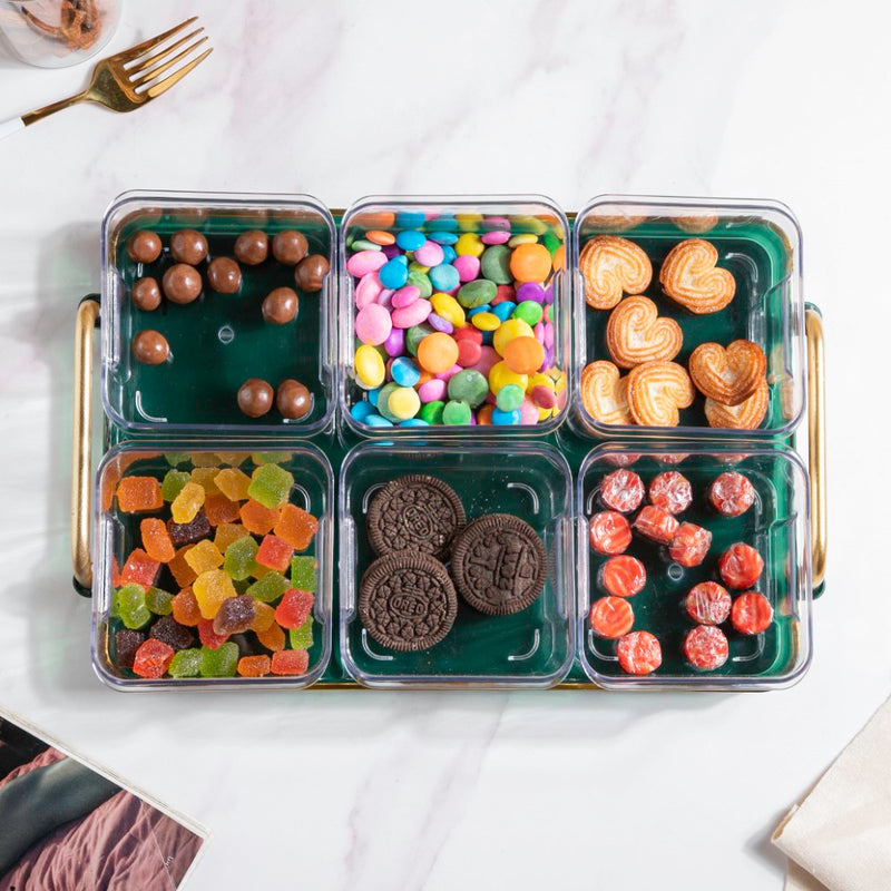 Emerald Charm Tray And Bowl Set Of 7 - Serving bowls, small glass bowls, snack serving bowls, section bowls, fancy serving bowls | Bowls for dining table & home decor