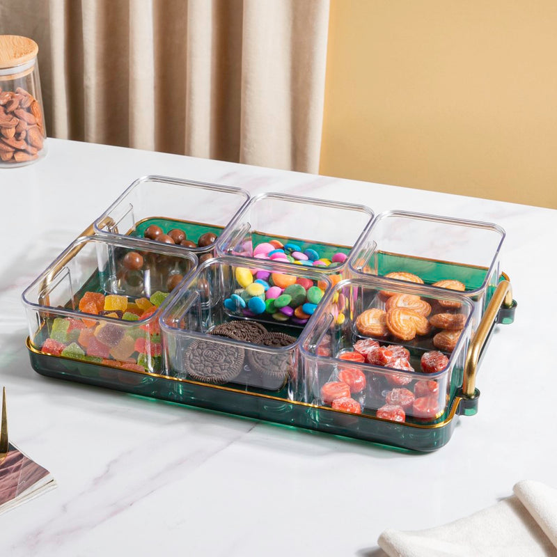 Emerald Charm Tray And Bowl Set Of 7 - Serving bowls, small glass bowls, snack serving bowls, section bowls, fancy serving bowls | Bowls for dining table & home decor