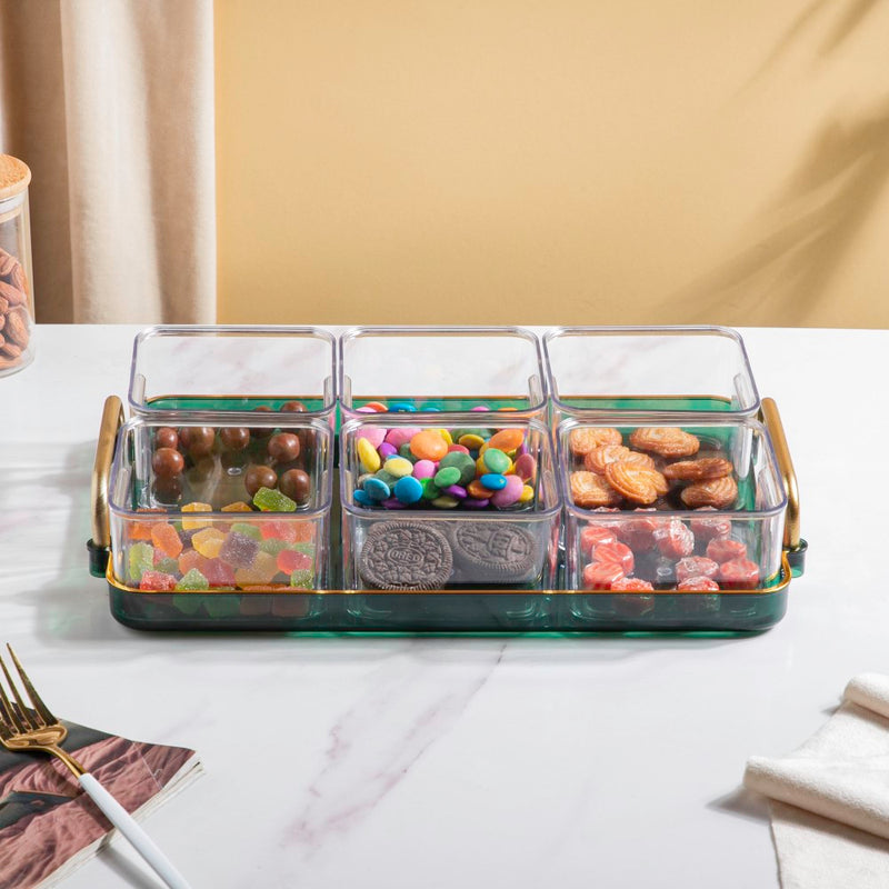 Emerald Charm Tray And Bowl Set Of 7 - Serving bowls, small glass bowls, snack serving bowls, section bowls, fancy serving bowls | Bowls for dining table & home decor