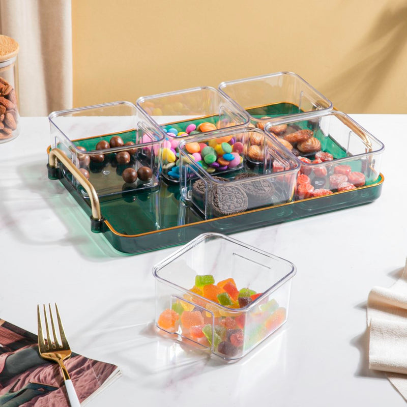 Emerald Charm Tray And Bowl Set Of 7 - Serving bowls, small glass bowls, snack serving bowls, section bowls, fancy serving bowls | Bowls for dining table & home decor