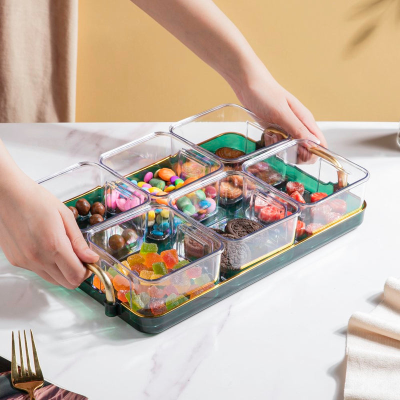 Emerald Charm Tray And Bowl Set Of 7 - Serving bowls, small glass bowls, snack serving bowls, section bowls, fancy serving bowls | Bowls for dining table & home decor