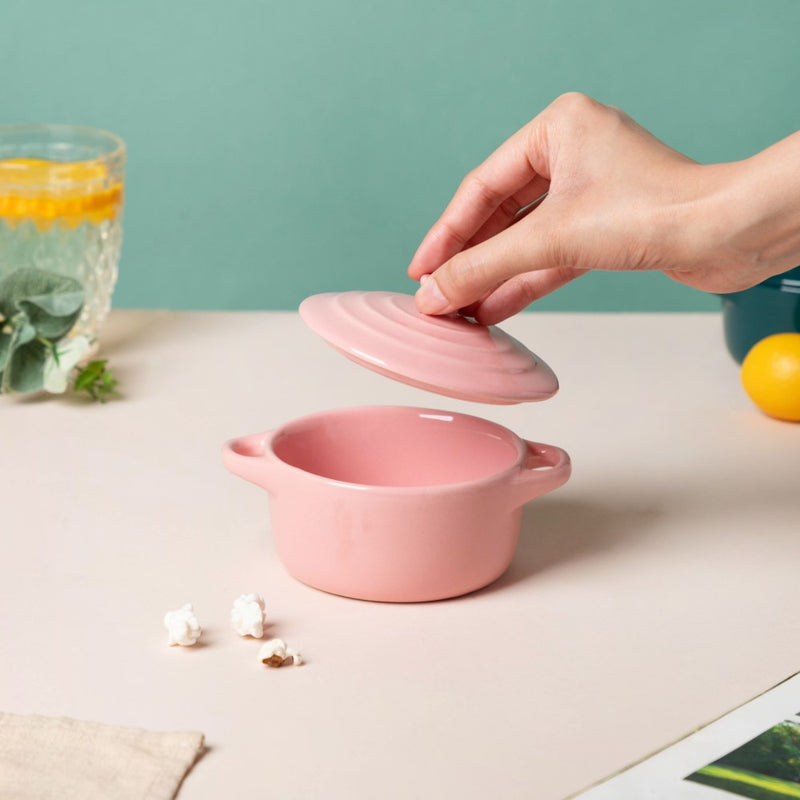 Mini Ceramic Bowl With Lid Pink 220ml - Baking Dish