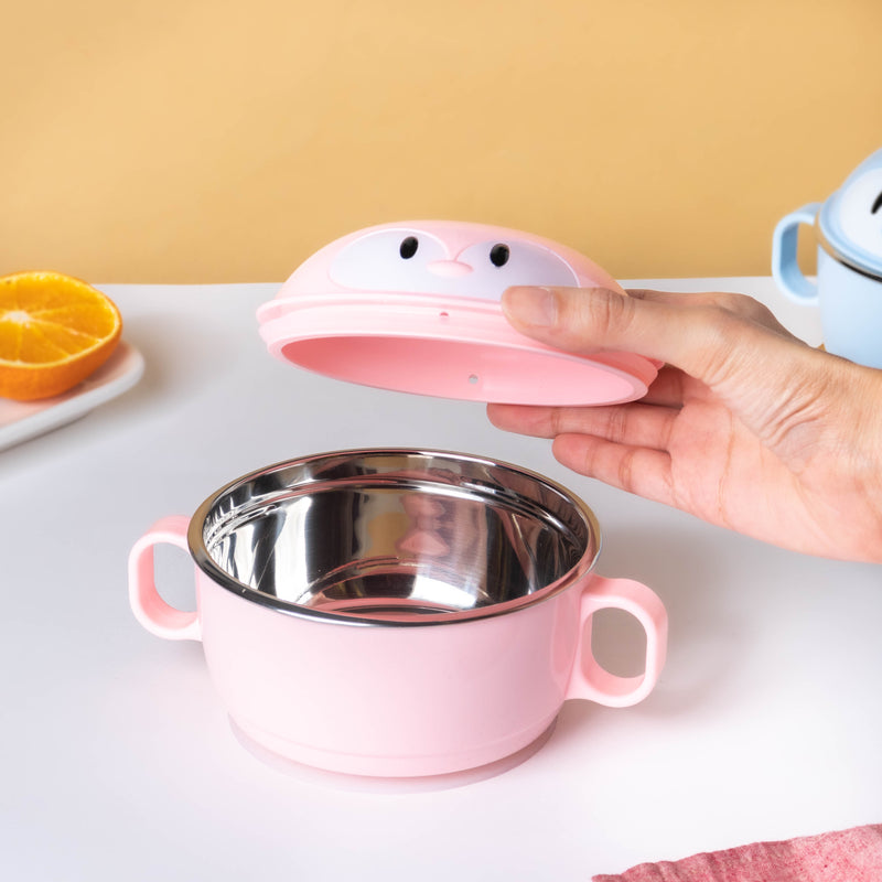 Penguin Feeding Steel Bowl With Anti-Slip Base Pink 400 ml - Kids Lunch Box