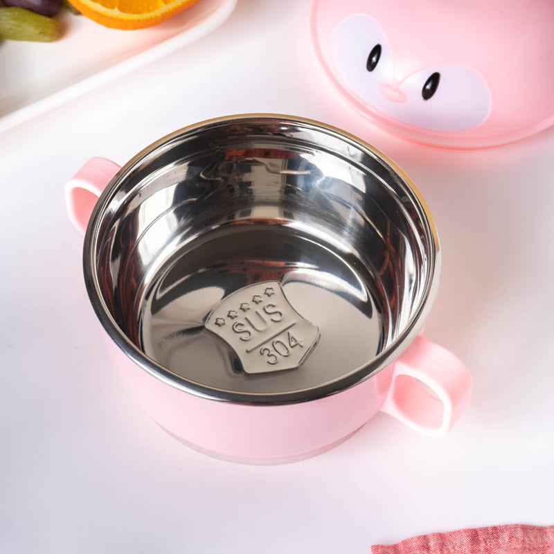 Penguin Feeding Steel Bowl With Anti-Slip Base Pink 400 ml - Kids Lunch Box