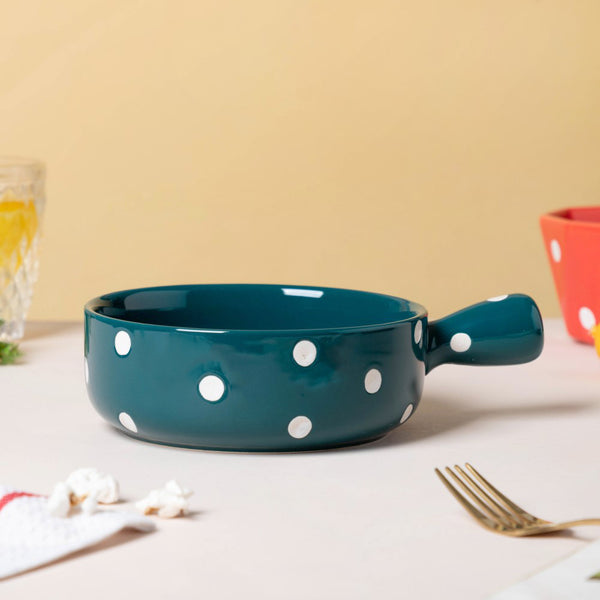 Polka Dots Ceramic Bowl With Handle Green 500ml - Ceramic bowl, salad bowls, snack bowls, bowl with handle, oven bowl | Bowls for dining table & home decor