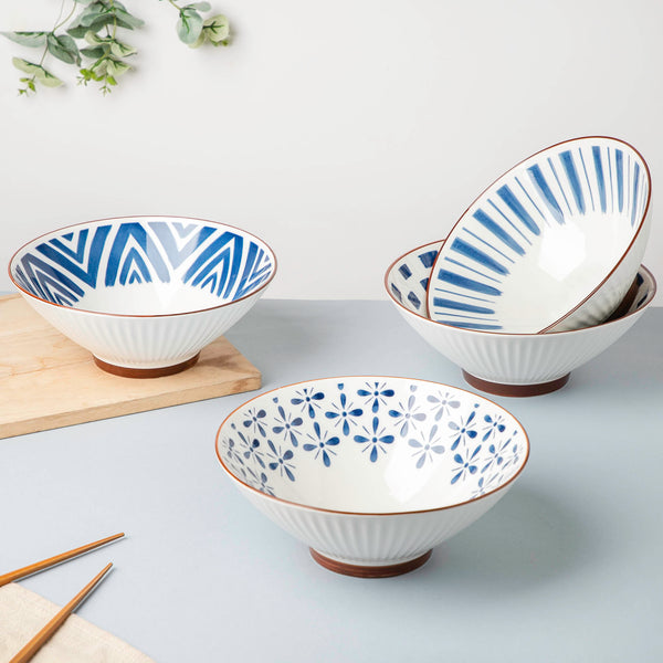 Umai Autumn Floral Ceramic Ramen Bowl Blue And White 900 ml - Soup bowl, ceramic bowl, ramen bowl, serving bowls, salad bowls, noodle bowl | Bowls for dining table & home decor