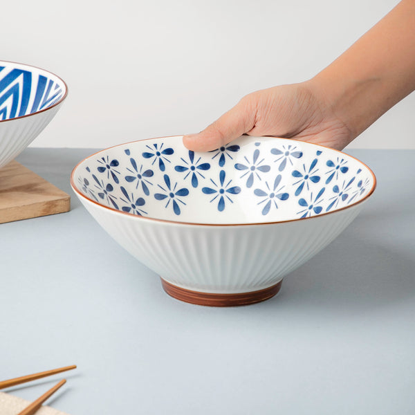 Umai Autumn Floral Ceramic Ramen Bowl Blue And White 900 ml - Soup bowl, ceramic bowl, ramen bowl, serving bowls, salad bowls, noodle bowl | Bowls for dining table & home decor