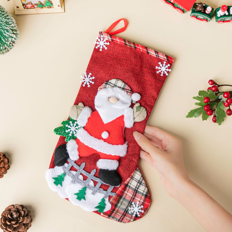 Checkered Santa Claus Christmas Stocking Red 11.5 Inch - Christmas sock for wall decor, tree decor, and gifting | Festive & home decoration ideas