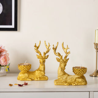 Reindeer Showpiece With Candle Stand Gold 7 Inch Set Of 2
