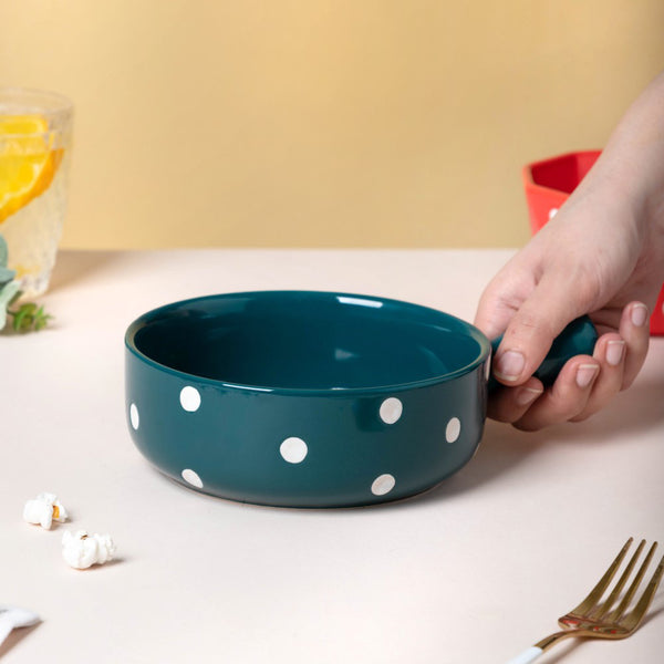 Polka Dots Ceramic Bowl With Handle Green 500ml - Ceramic bowl, salad bowls, snack bowls, bowl with handle, oven bowl | Bowls for dining table & home decor