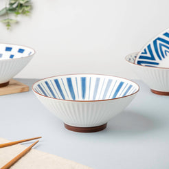 Umai Linear Ceramic Ramen Bowl Blue And White 900 ml - Soup bowl, ceramic bowl, ramen bowl, serving bowls, salad bowls, noodle bowl | Bowls for dining table & home decor