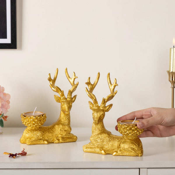 Reindeer Candle Stand Showpiece Gold Set Of 2 7 Inch