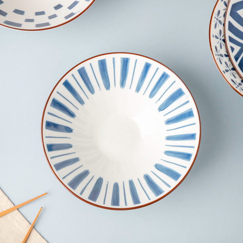 Umai Linear Ceramic Ramen Bowl Blue And White 900 ml - Soup bowl, ceramic bowl, ramen bowl, serving bowls, salad bowls, noodle bowl | Bowls for dining table & home decor