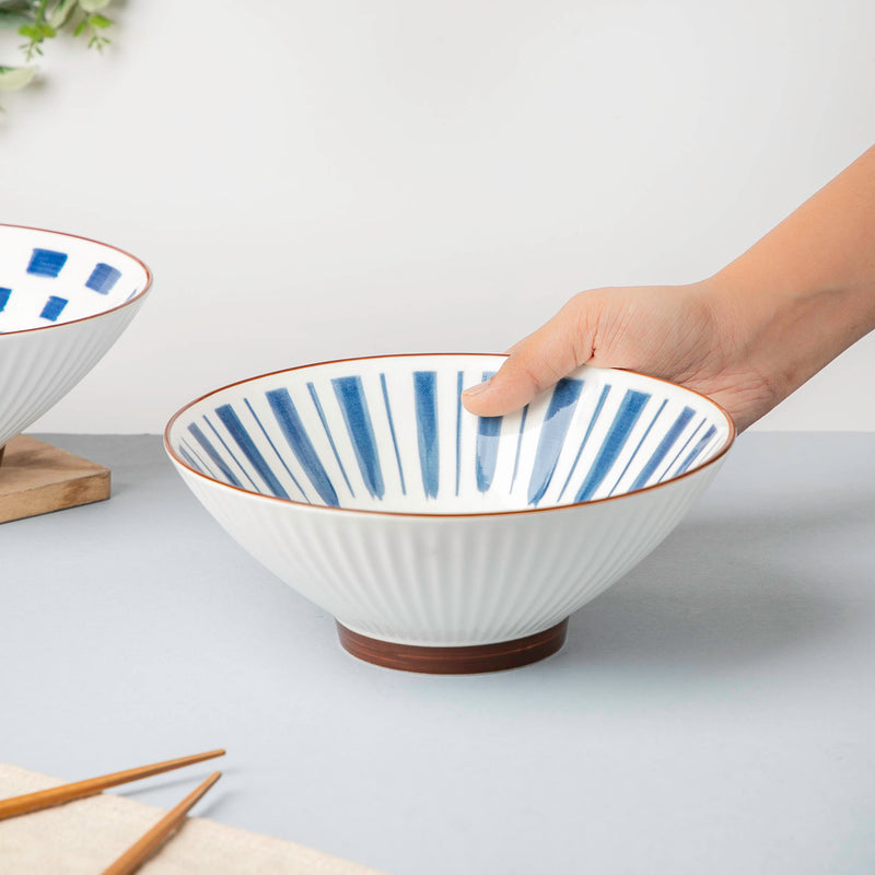 Umai Linear Ceramic Ramen Bowl Blue And White 900 ml - Soup bowl, ceramic bowl, ramen bowl, serving bowls, salad bowls, noodle bowl | Bowls for dining table & home decor