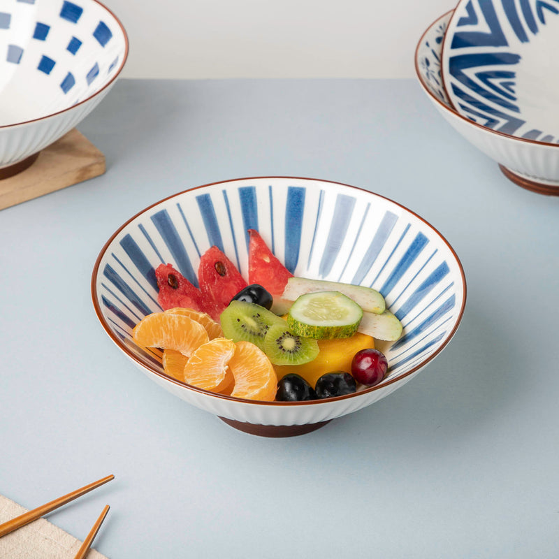 Umai Linear Ceramic Ramen Bowl Blue And White 900 ml - Soup bowl, ceramic bowl, ramen bowl, serving bowls, salad bowls, noodle bowl | Bowls for dining table & home decor