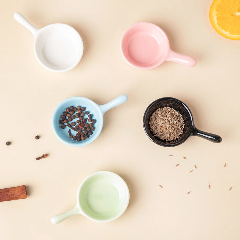 Munch Mania Dip Bowl With Handle Green 30 ml - Bowl, ceramic bowl, dip bowls, chutney bowl, dip bowls ceramic | Bowls for dining table & home decor 