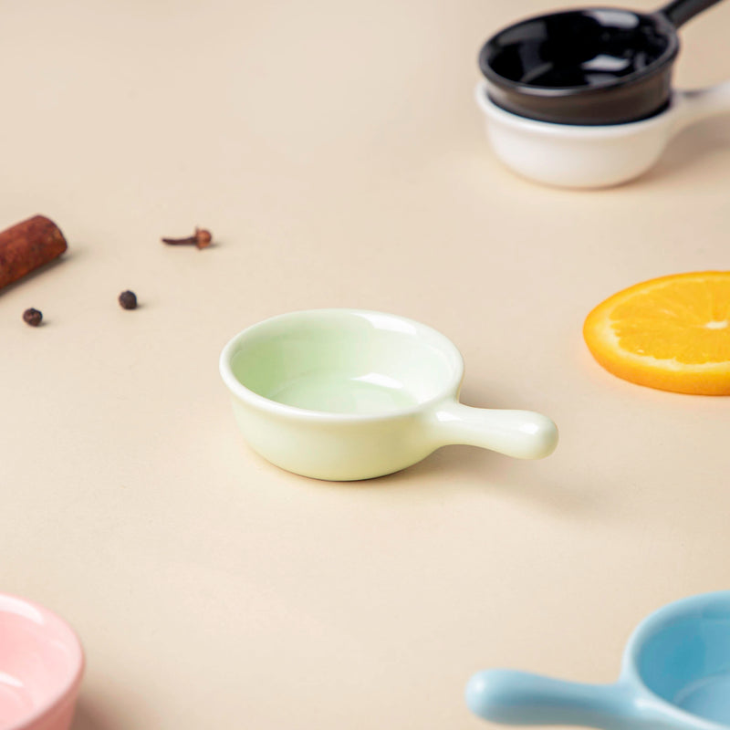 Munch Mania Dip Bowl With Handle Green 30 ml - Bowl, ceramic bowl, dip bowls, chutney bowl, dip bowls ceramic | Bowls for dining table & home decor 