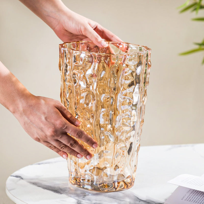 Glacier Glass Vase Amber 11 Inch - Glass Vase, Amber Glass Vase, Tall Glass Vase, Decorative Amber Vase, Elegant Glacier Vase
