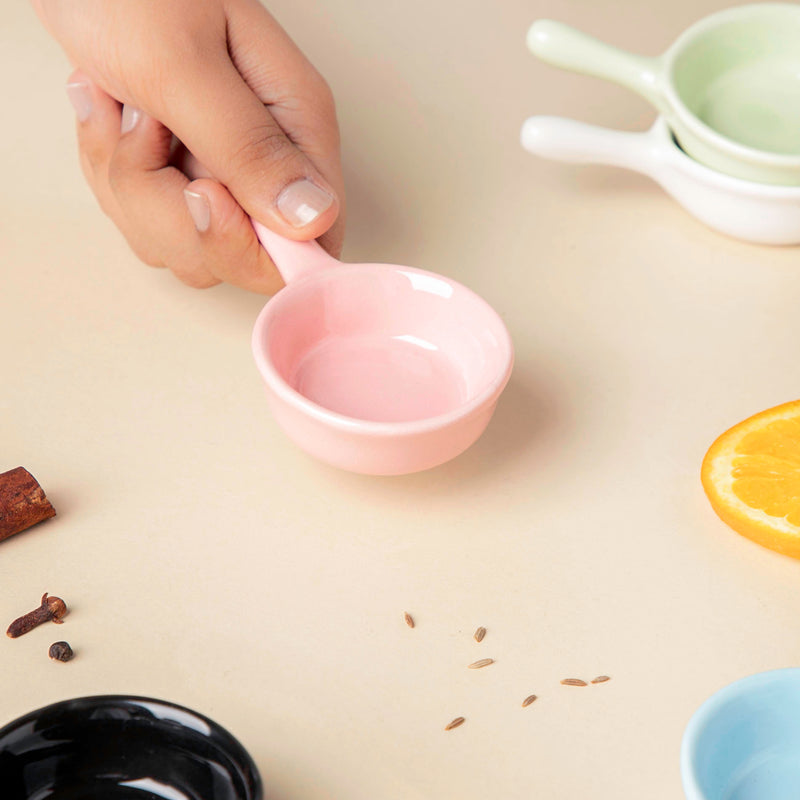 Munch Mania Dip Bowl With Handle Pink 30 ml - Bowl, ceramic bowl, dip bowls, chutney bowl, dip bowls ceramic | Bowls for dining table & home decor 