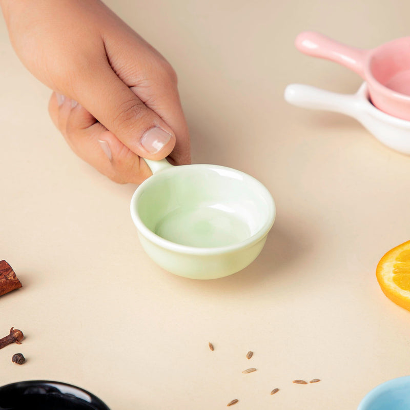 Munch Mania Dip Bowl With Handle Green 30 ml - Bowl, ceramic bowl, dip bowls, chutney bowl, dip bowls ceramic | Bowls for dining table & home decor 