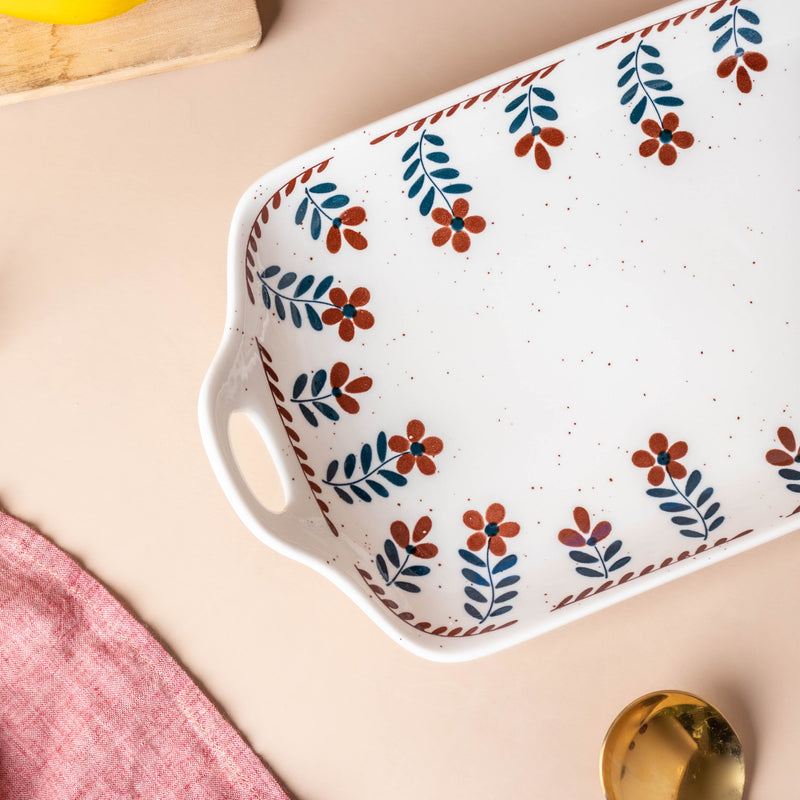 Carmella Floral Ceramic Tray With Handle - Ceramic platter, serving platter, fruit platter | Plates for dining table & home decor
