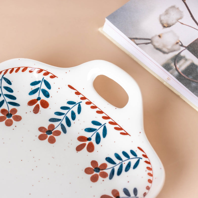 Carmella Floral Ceramic Tray With Handle - Ceramic platter, serving platter, fruit platter | Plates for dining table & home decor