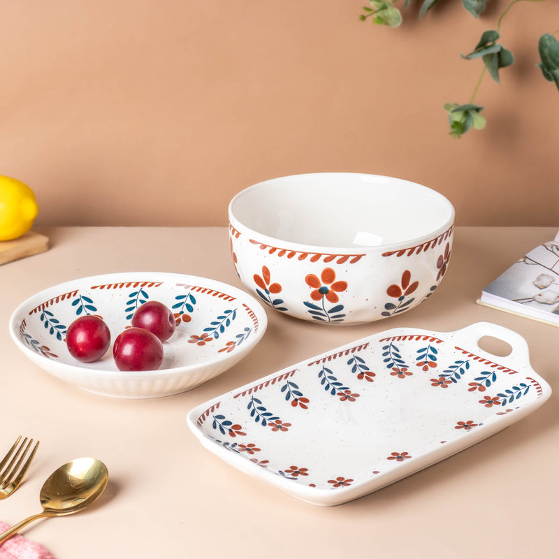 Carmella Floral Ceramic Tray With Handle - Ceramic platter, serving platter, fruit platter | Plates for dining table & home decor