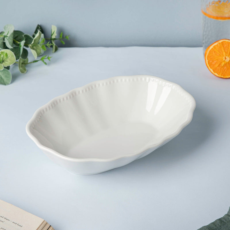 Serena Oval Serving Bowl White 10 inch 800 ml - Bowl, ceramic bowl, serving bowls, noodle bowl, salad bowls, bowl for snacks, large serving bowl | Bowls for dining table & home decor