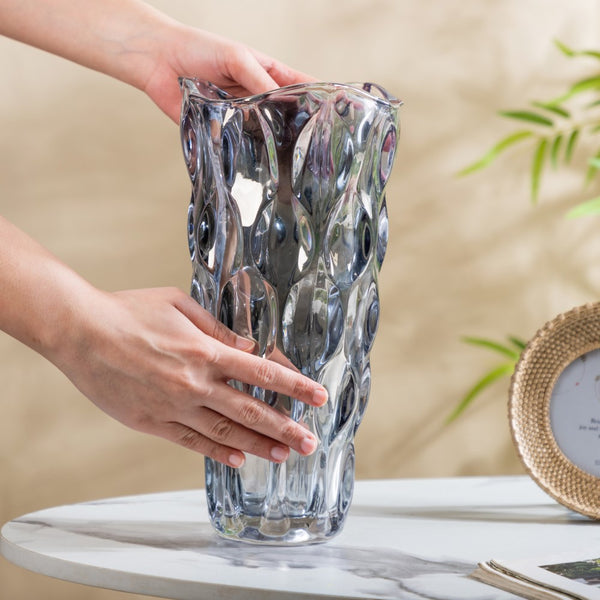 Dune Crystal Glass Vase Grey Large 11 Inch