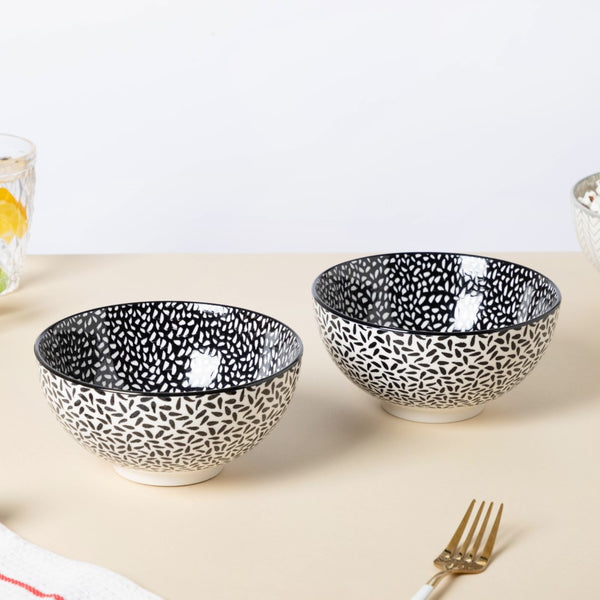 Black And White Snack Bowl 400ml Set Of 2 - Bowl, soup bowl, ceramic bowl, snack bowls, curry bowl, popcorn bowls | Bowls for dining table & home decor