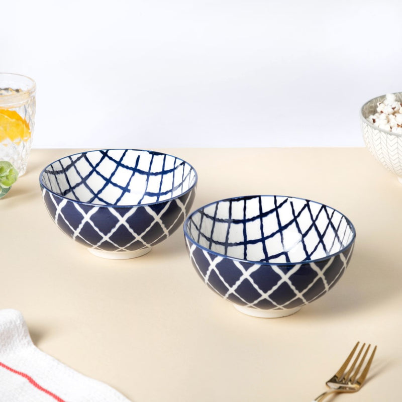 Shibori Chequered Soup Bowl 400ml Set Of 2 - Bowl,ceramic bowl, snack bowls, curry bowl, popcorn bowls | Bowls for dining table & home decor