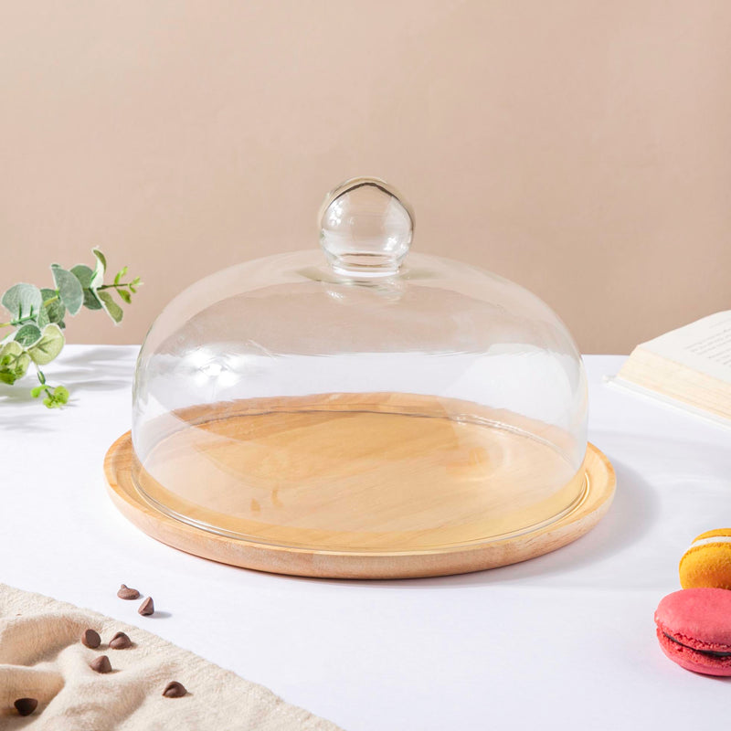 Rubber Wood Cake Stand With Dome 10 inch