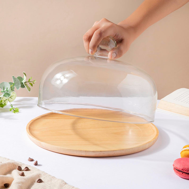 Rubber Wood Cake Stand With Dome 10 inch