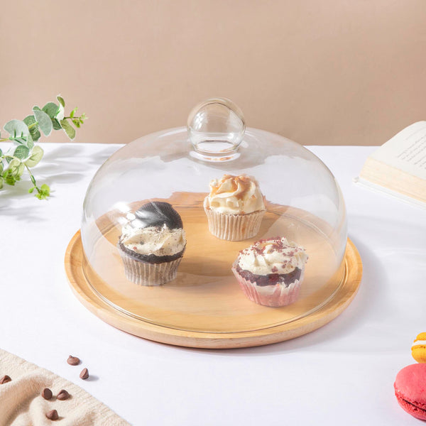 Rubber Wood Cake Stand With Dome 10 inch