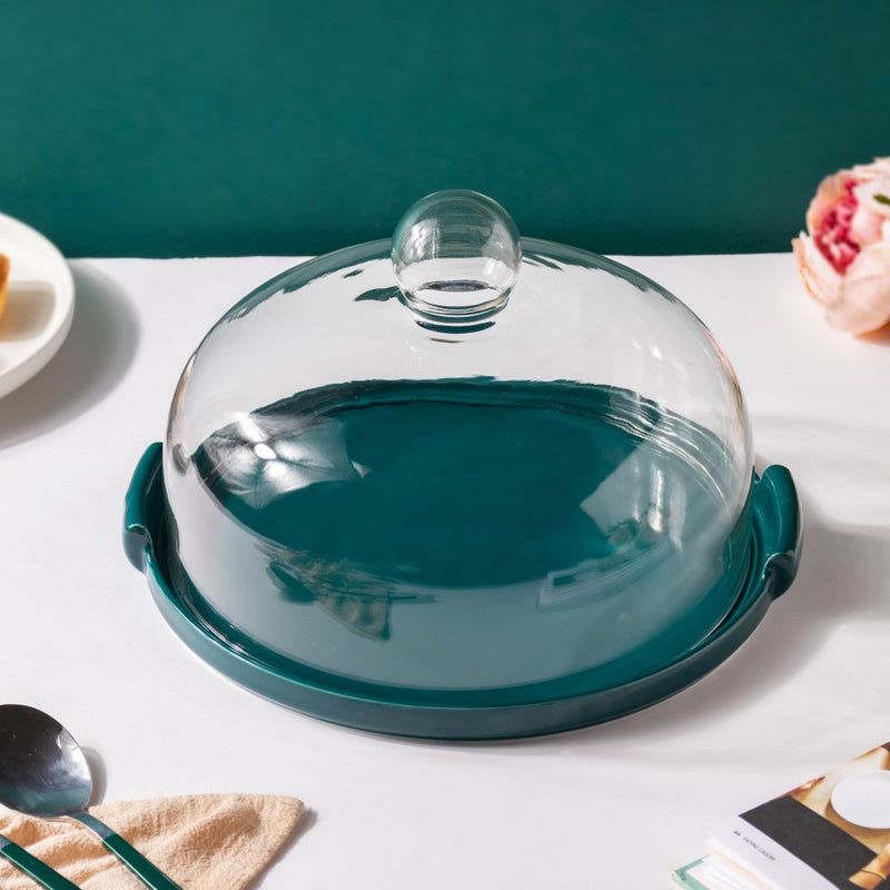 Cake Plate With Cover Green 10 Inch