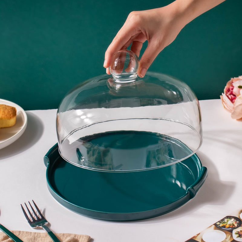 Cake Plate With Cover Green 10 Inch