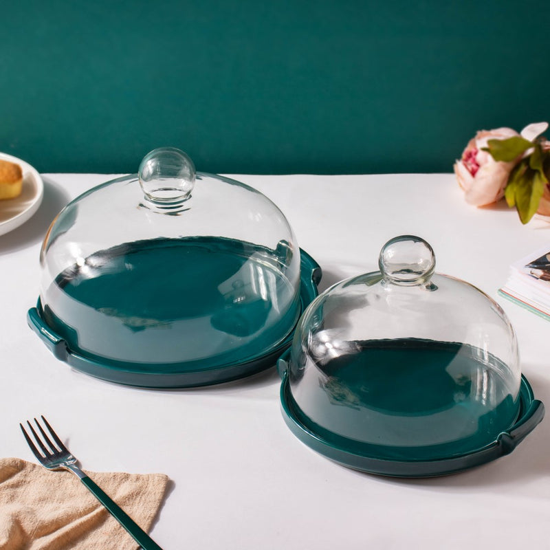 Cake Plate With Cover Green 10 Inch