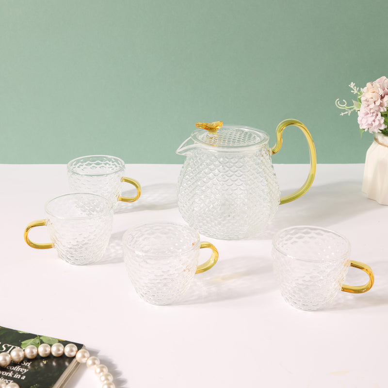 Stylish Glass Tea Set of 5 - Tea cup set, tea set, teapot set | Tea set for Dining Table & Home Decor