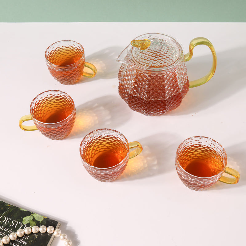 Stylish Glass Tea Set of 5 - Tea cup set, tea set, teapot set | Tea set for Dining Table & Home Decor