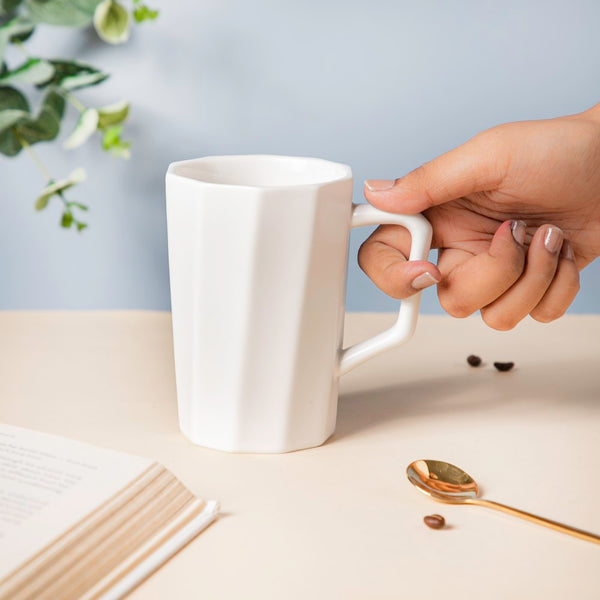 Snow White Ribbed Mug 350 ml- Mug for coffee, tea mug, cappuccino mug | Cups and Mugs for Coffee Table & Home Decor