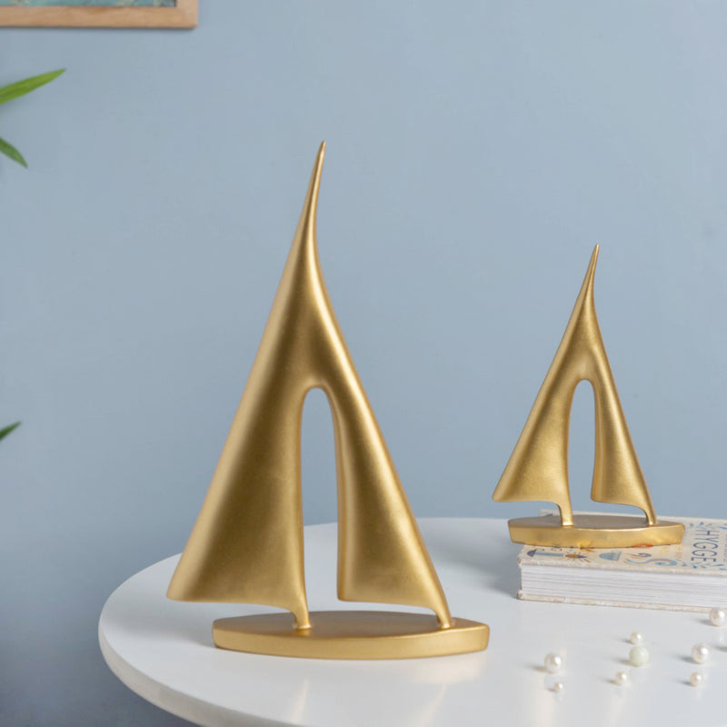 Sailing Ship Resin Decor Object Gold Set Of 2 - Showpiece | Home decor item | Room decoration item