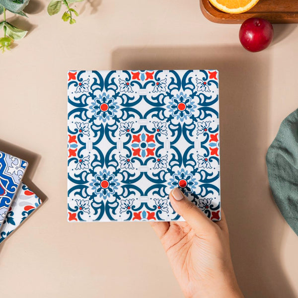 Zellij Blue Cubic Kaleidoscope Patterned Ceramic Trivet 7 Inch