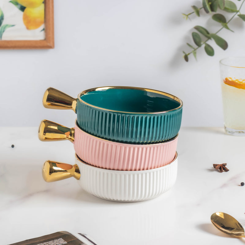 Ribbed Snack Bowl With Handle 500 ml - Bowl,ceramic bowl, snack bowls, curry bowl, popcorn bowls | Bowls for dining table & home decor