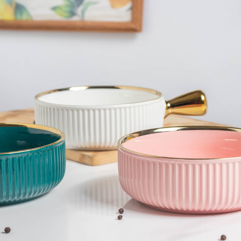 Ribbed Snack Bowl With Handle 500 ml - Bowl,ceramic bowl, snack bowls, curry bowl, popcorn bowls | Bowls for dining table & home decor